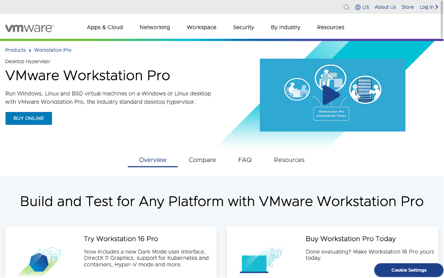 Schermata del sito di VMware Workstation Pro