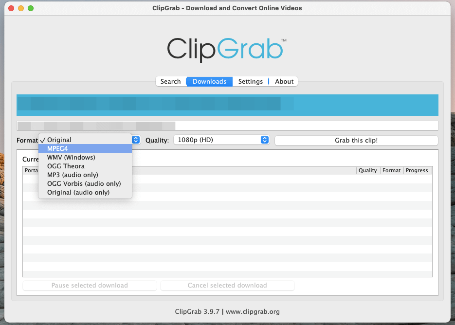 Screenshot del programma ClipGrab
