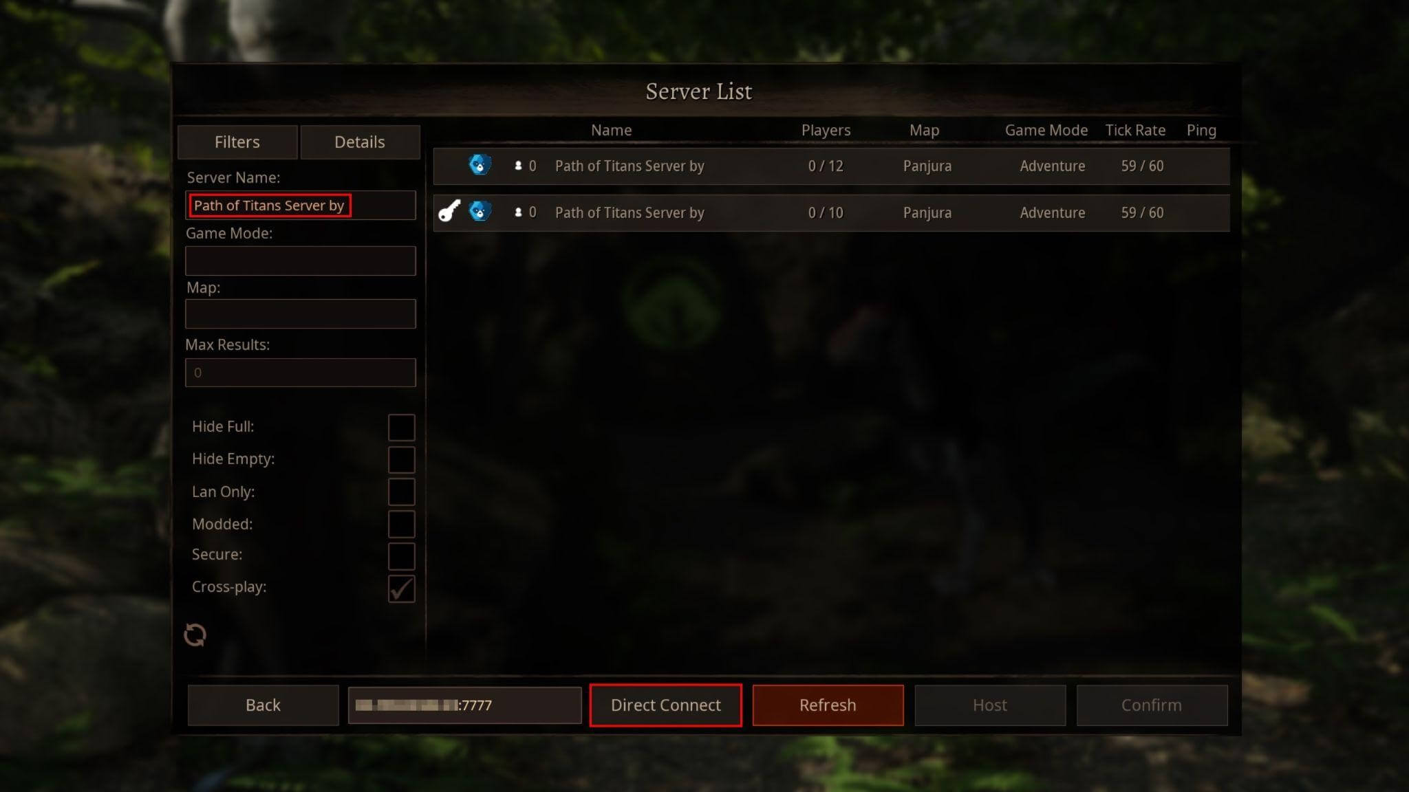 Screenshot da Path of Titans: menu di selezione del server