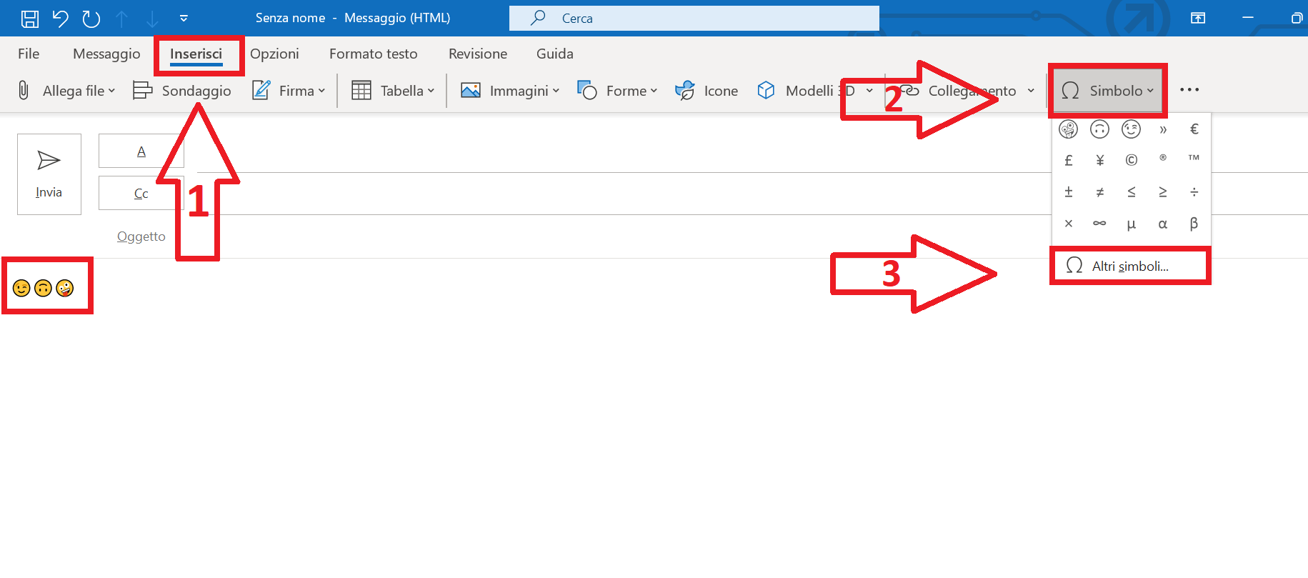 Screenshot dell’opzione “Simbolo” nel menu “Inserisci” di Outlook 2021