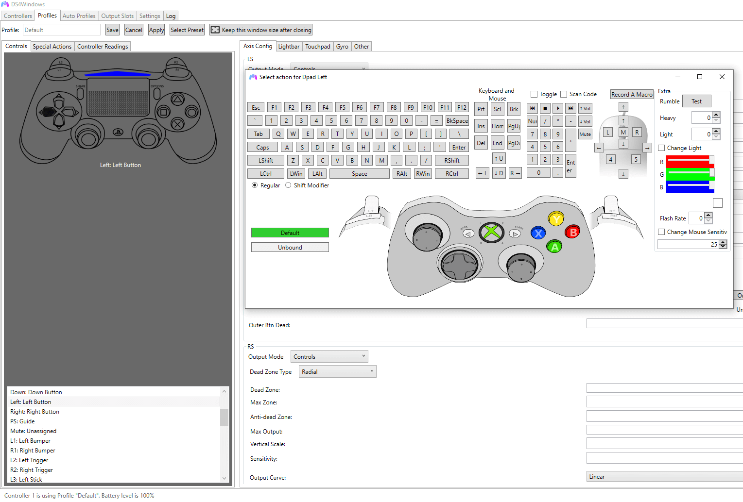 Screenshot delle opzioni di configurazione nel controller DS4