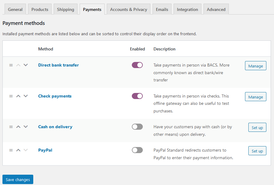 Screenshot delle opzioni di pagamento predefinite su WooCommerce