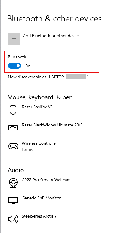 Screenshot delle impostazioni Bluetooth di un PC