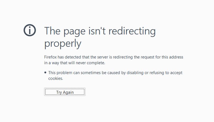 Screenshot del messaggio di errore ERR_TOO_MANY_REDIRECTS di Firefox