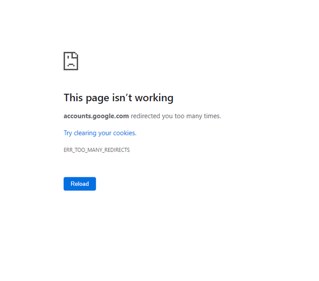 Screenshot del messaggio di errore ERR_TOO_MANY_REDIRECTS di Google Chrome