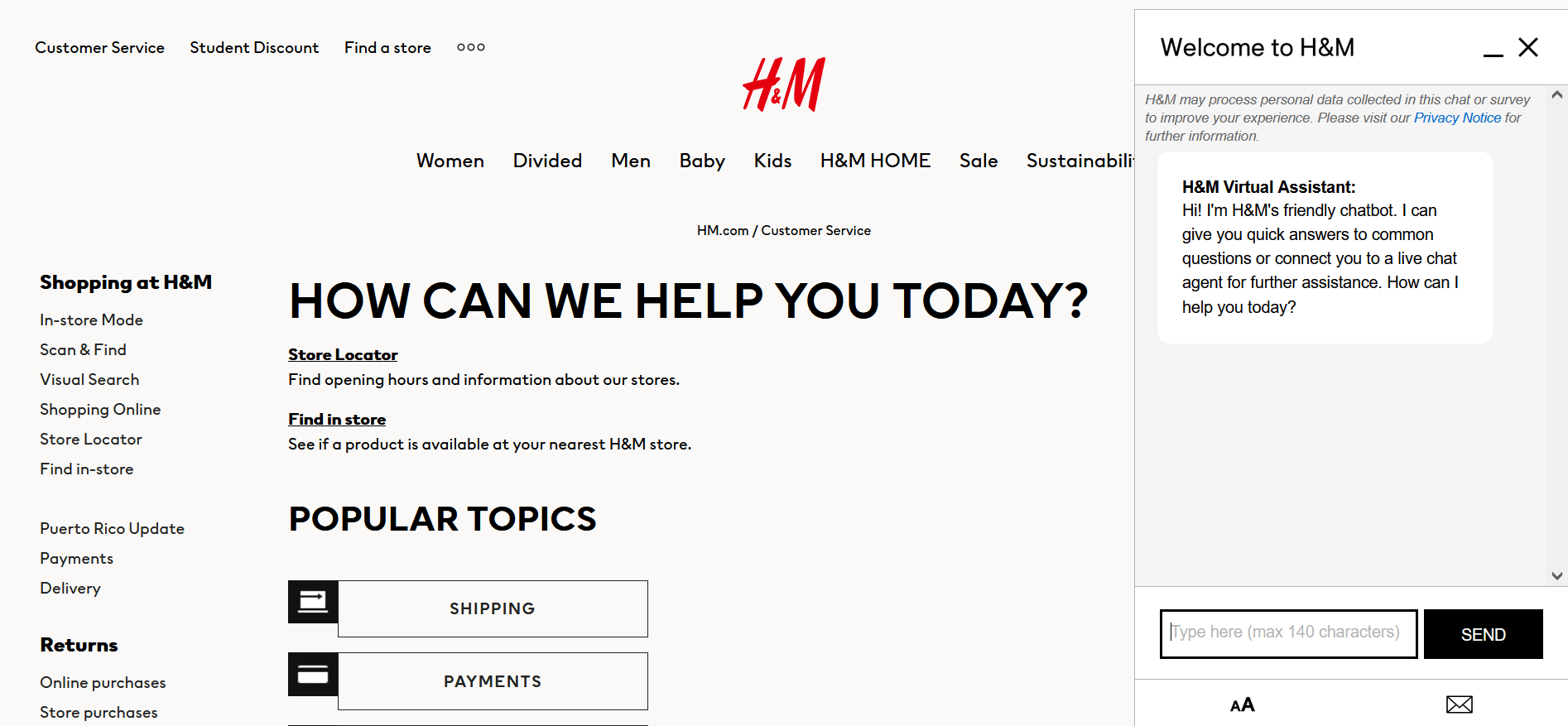 Screenshot della pagina del servizio clienti di H&M con la finestra del chatbot in sovraimpressione