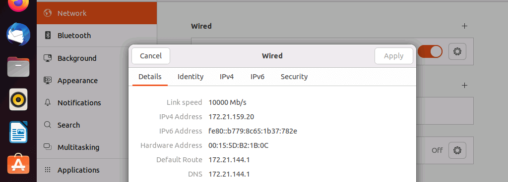 Screenshot delle opzioni di rete su Ubuntu