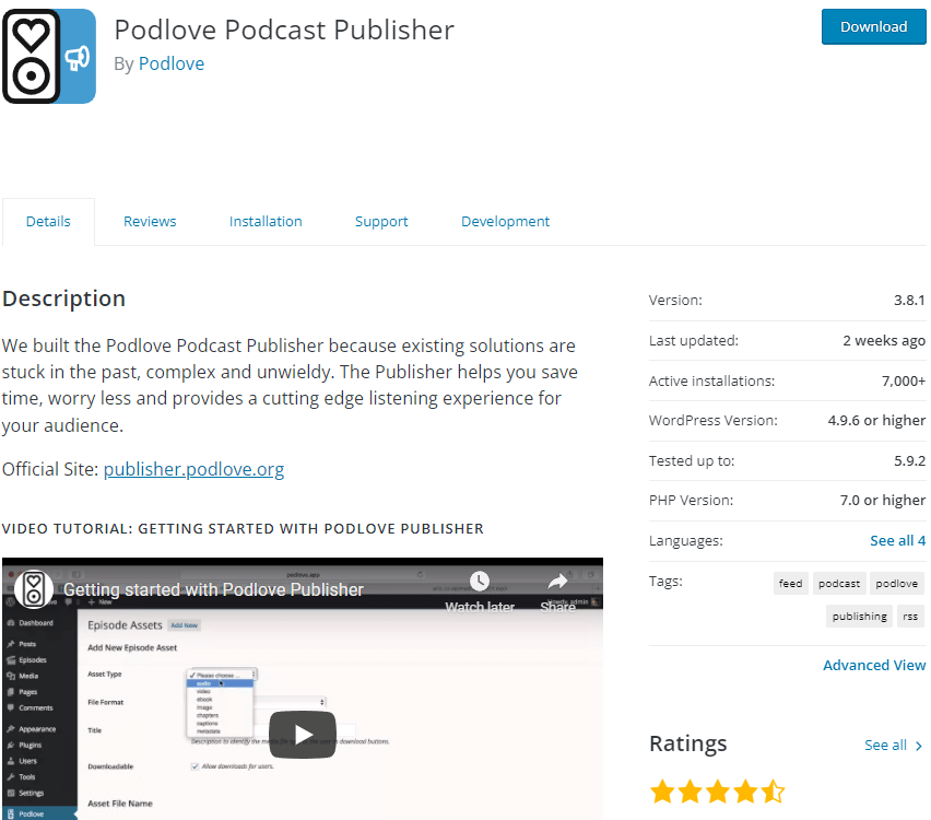Screenshot del plugin Podlove Podcast di WordPress