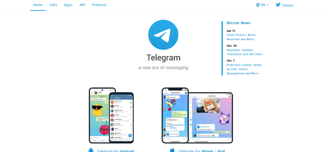Screenshot della pagina web di Telegram