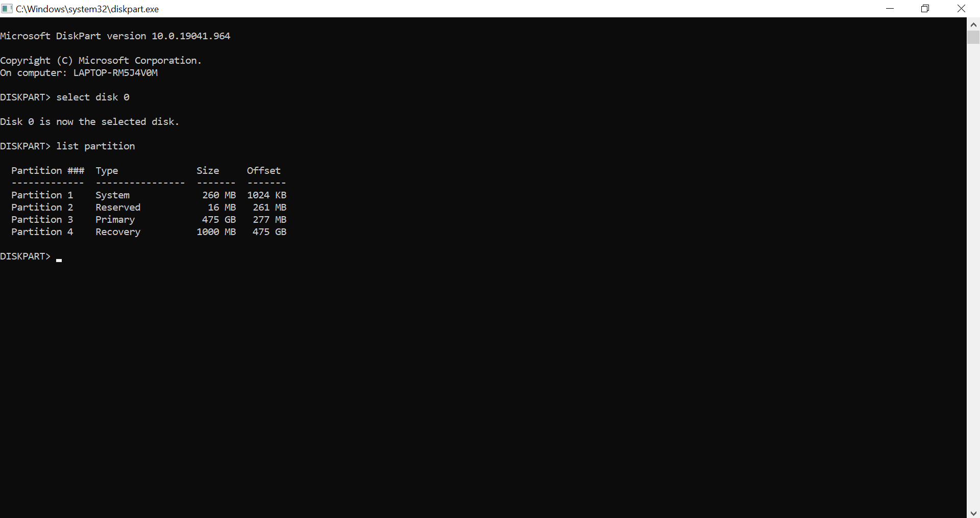 Screenshot della finestra “C:\Windows\System32\diskpart.exe”
