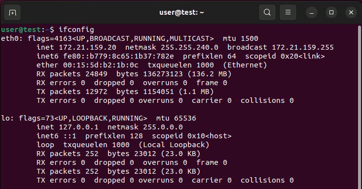 Screenshot del comando “ifconfig” su Linux