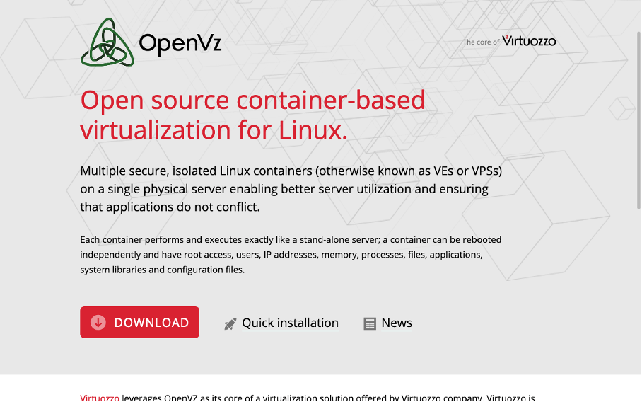 Schermata del sito di OpenVZ