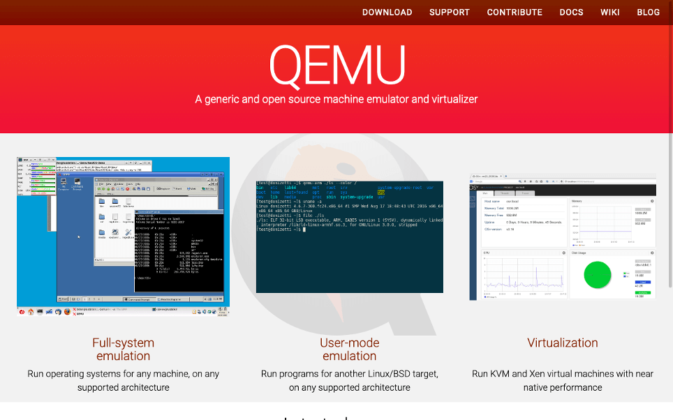 Schermata del sito di QEMU