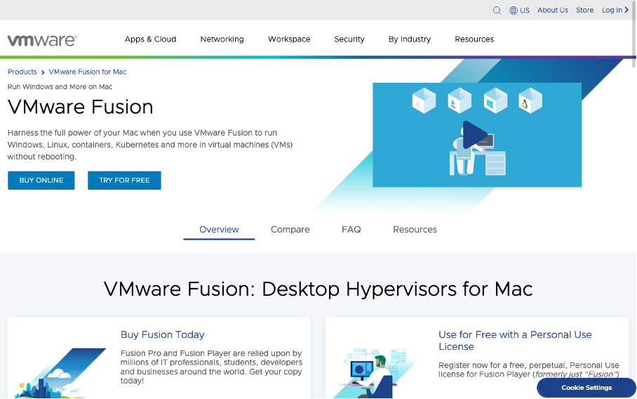 Schermata del sito di VMware Fusion Pro