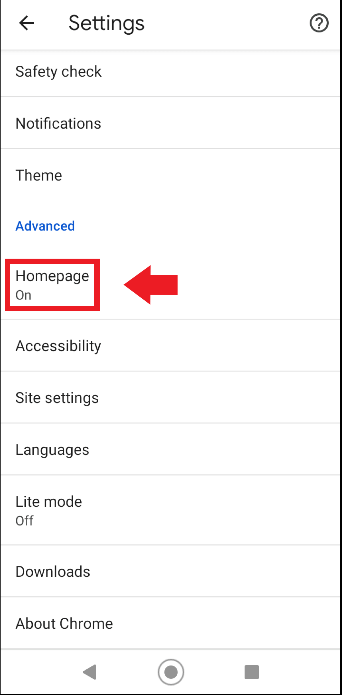 Aprite la voce “Home page” nel menu delle impostazioni dell’app di Chrome