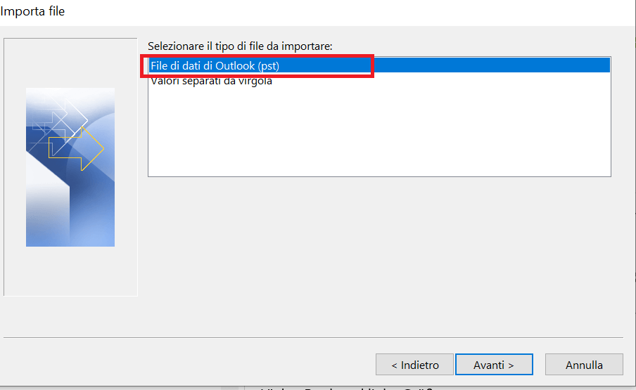 Selezionate il rispettivo formato di file nella procedura guidata di Outlook
