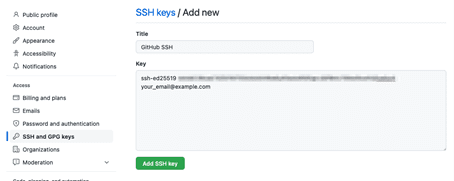 Chiave SSH pubblica copiata nella pagina delle impostazioni di GitHub