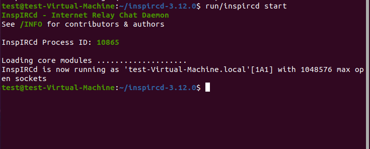 Avvio di InspIRCD dal terminale di Ubuntu
