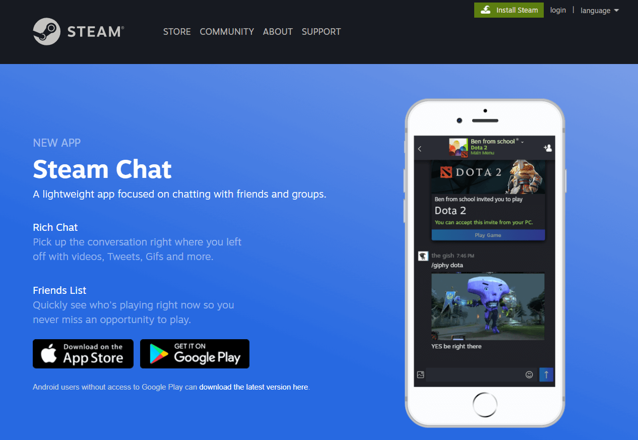 La pagina dello shop di Steam con la pubblicità per questa app delle chat