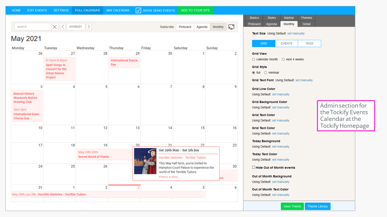 Area di amministrazione di Tockify Events Calendar sulla homepage del provider