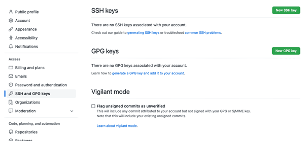 Pagina di configurazione dell’account GitHub