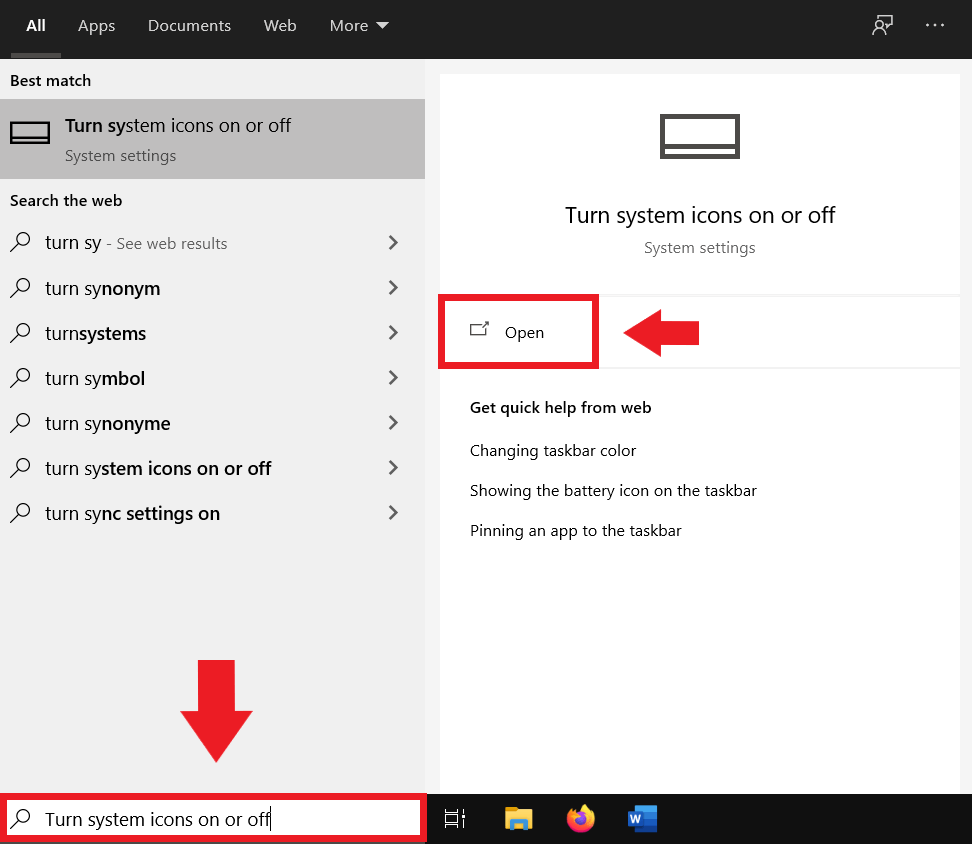Digitate “Icone di sistema” nella barra di ricerca di Windows e aprite il rispettivo menu