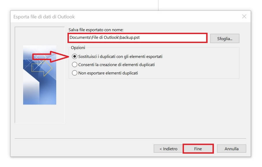 Procedura guidata di importazione ed esportazione di Outlook: ubicazione dei file esportati