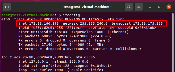 Ubuntu 20.04: output del comando “ifconfig”