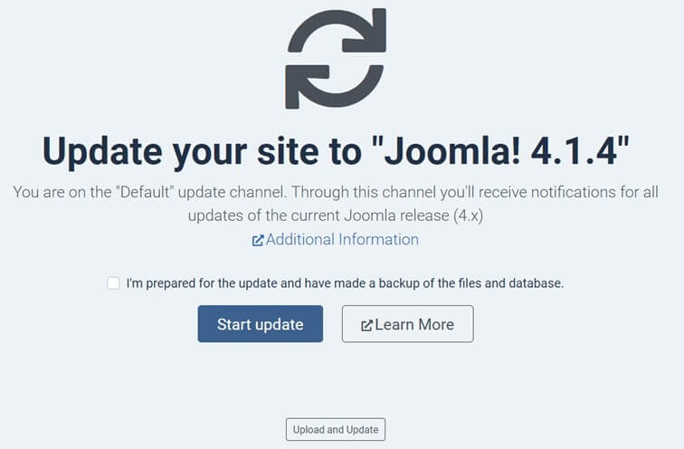 Aggiornare Joomla: finestra di aggiornamento