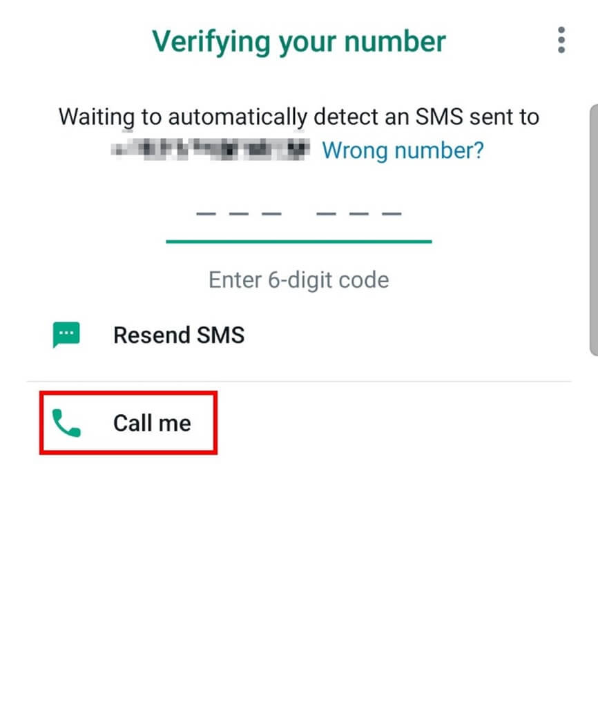 Opzione per ricevere una chiamata per verificare il vostro numero di telefono su WhatsApp