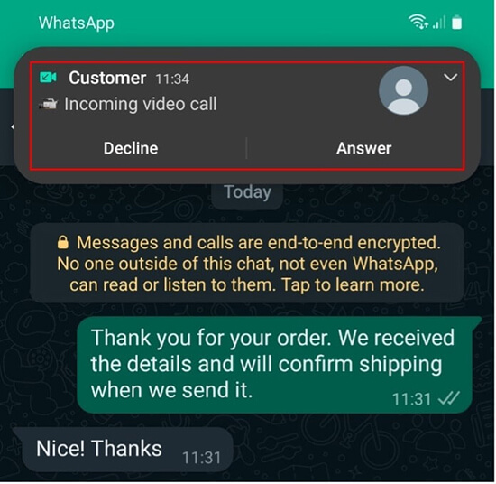 Android: i tasti “Rispondi” e “Rifiuta” al ricevimento di una videochiamata su WhatsApp