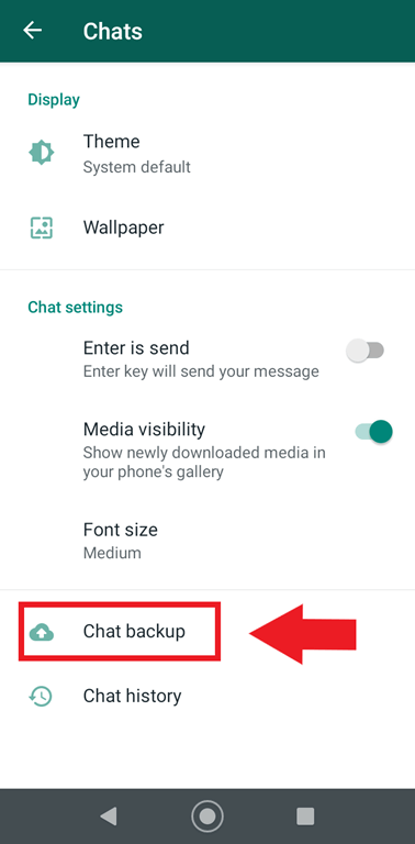 Menu Chat di WhatsApp con il campo “Backup delle chat”