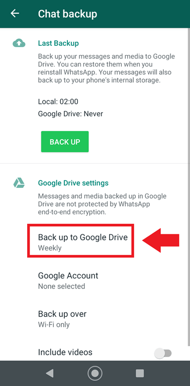 Opzione WhatsApp “Backup su Google Drive” (crea backup)