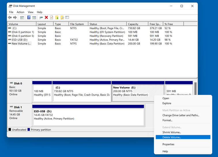 Eliminare un volume in Gestione disco di Windows 11