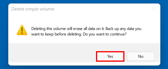 Finestra di avviso per l’eliminazione di un volume in Windows 11
