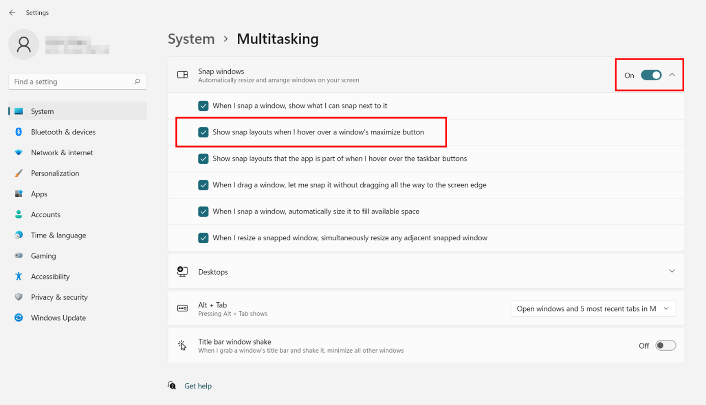 Windows 11: funzione Snap nel menu “Multitasking”