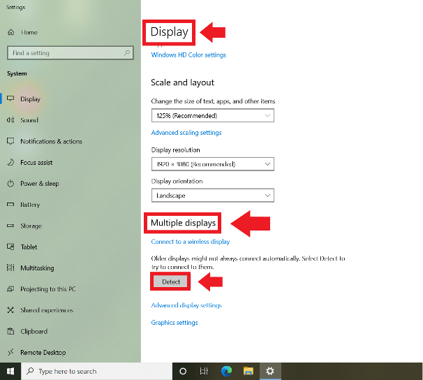 Windows 10: menu delle impostazioni con le impostazioni dello schermo e il rilevamento dei dispositivi