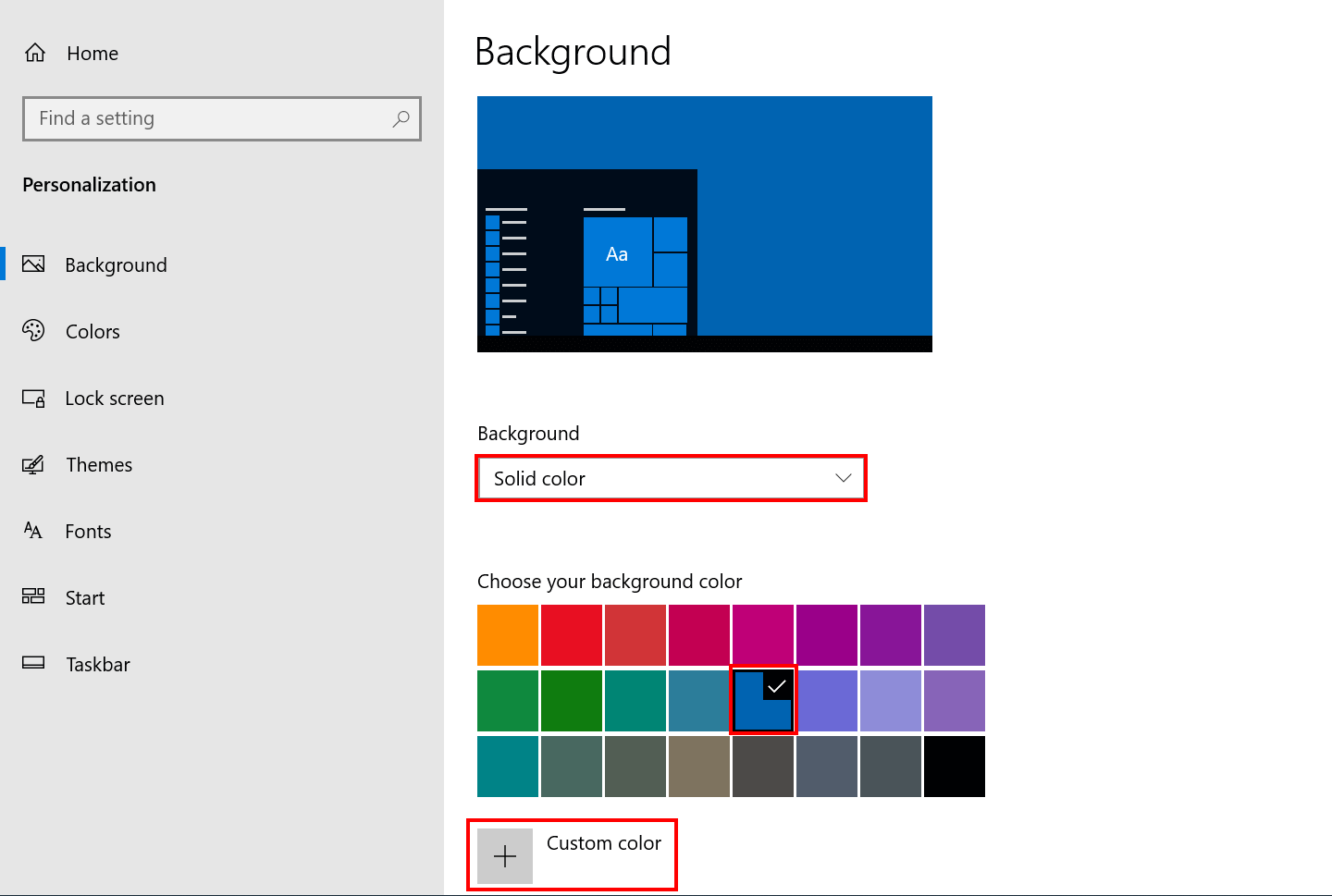 Windows 10: selezione di un colore a tinta unita come sfondo