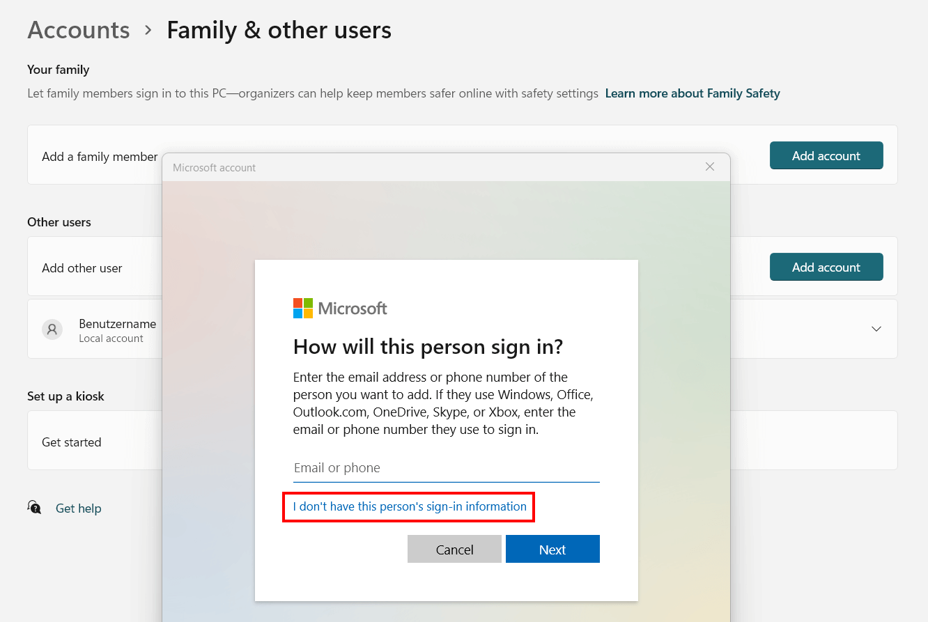 Windows 11: aggiungere un nuovo account utente senza account Microsoft