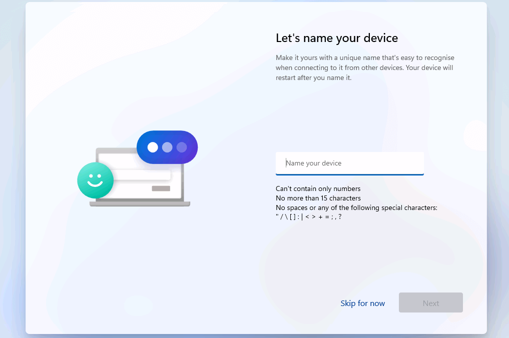 Installazione di Windows 11: dare un nome al dispositivo
