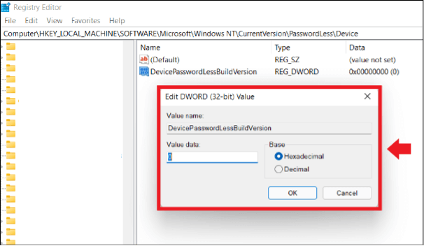 Windows 11: finestra di menu nell’editor del registro per modificare la richiesta della password