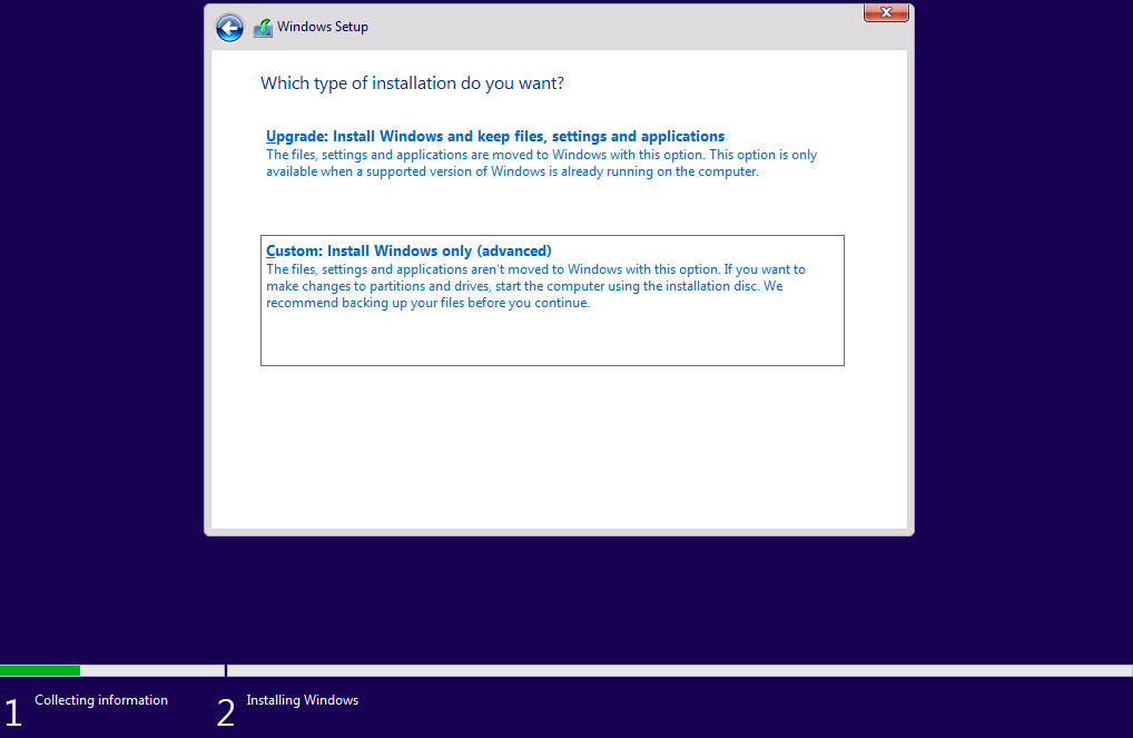 Windows 11: selezionare il tipo di installazione