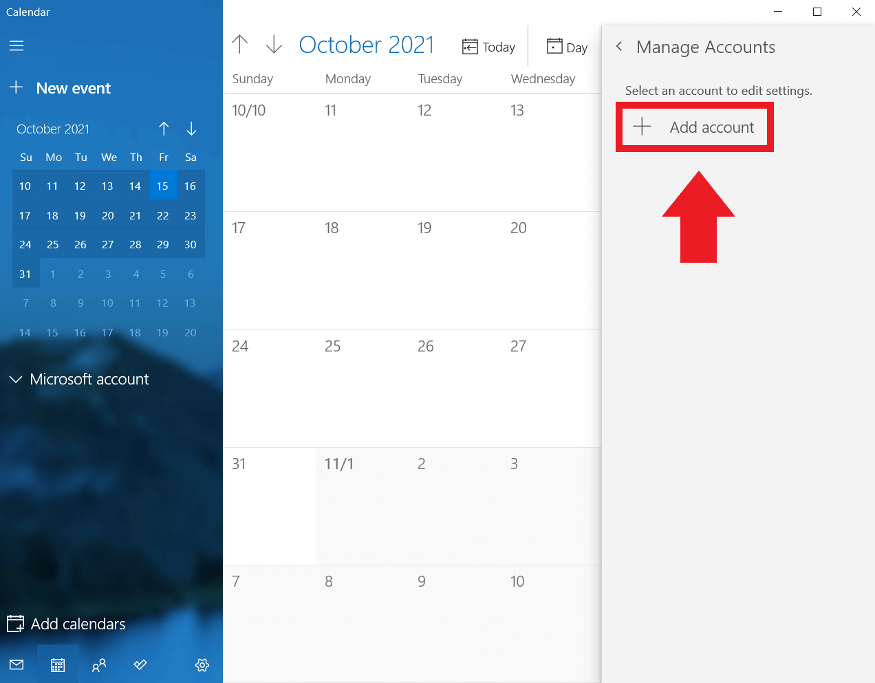 Calendario di Windows: “Aggiungi account”