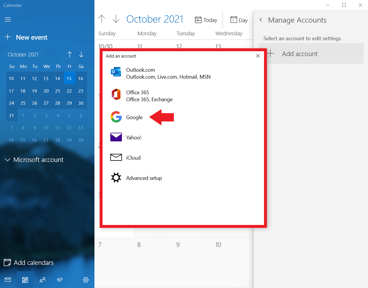Calendario di Windows: aggiungere Google come account
