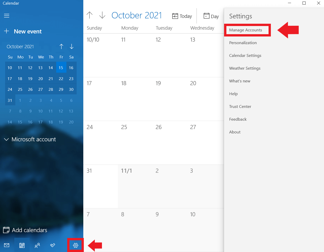 Calendario di Windows: “Impostazioni”, “Gestisci account”