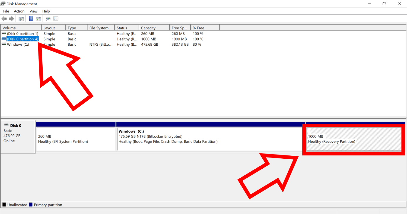 Screenshot della gestione del disco su Windows che mostra la partizione del disco 0
