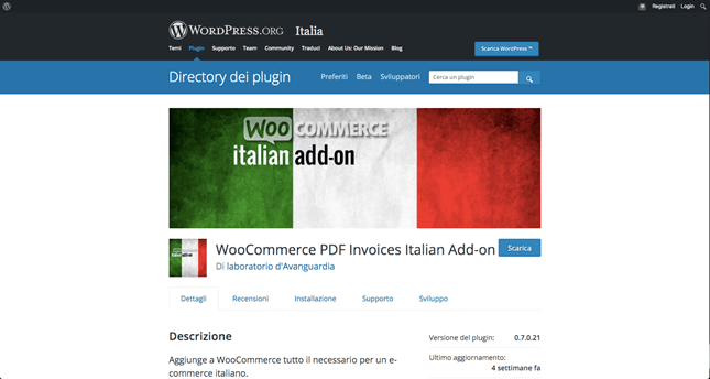 Pagina del plugin WooCommerce PDF Invoices Italian Add-on