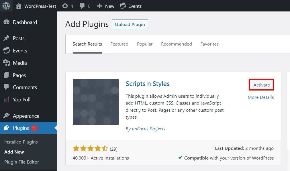 Back end di WordPress: installazione di “Scripts n Styles”