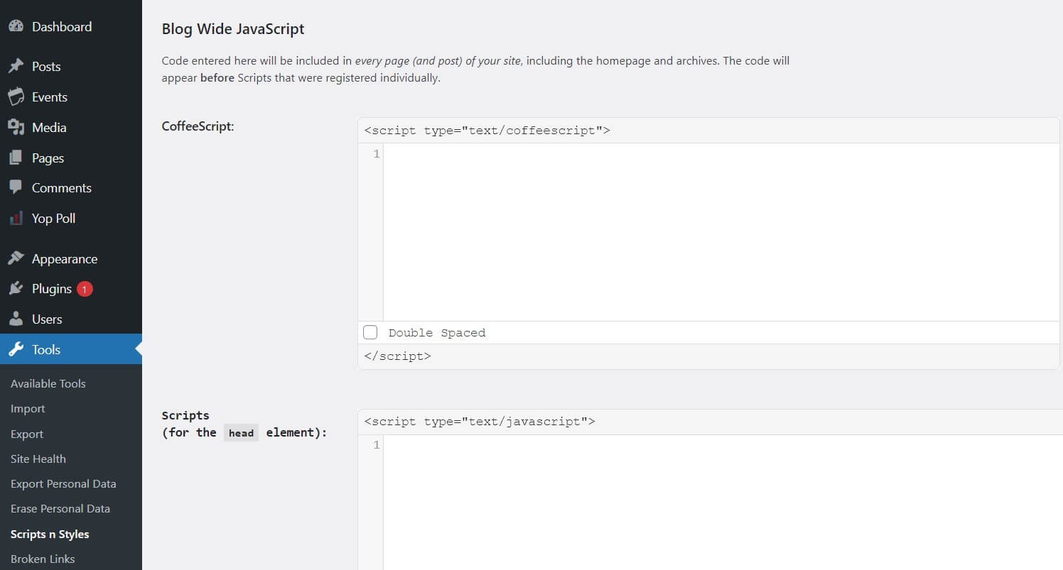 WordPress: incorporare codice JavaScript con il plugin “Scripts n Styles”