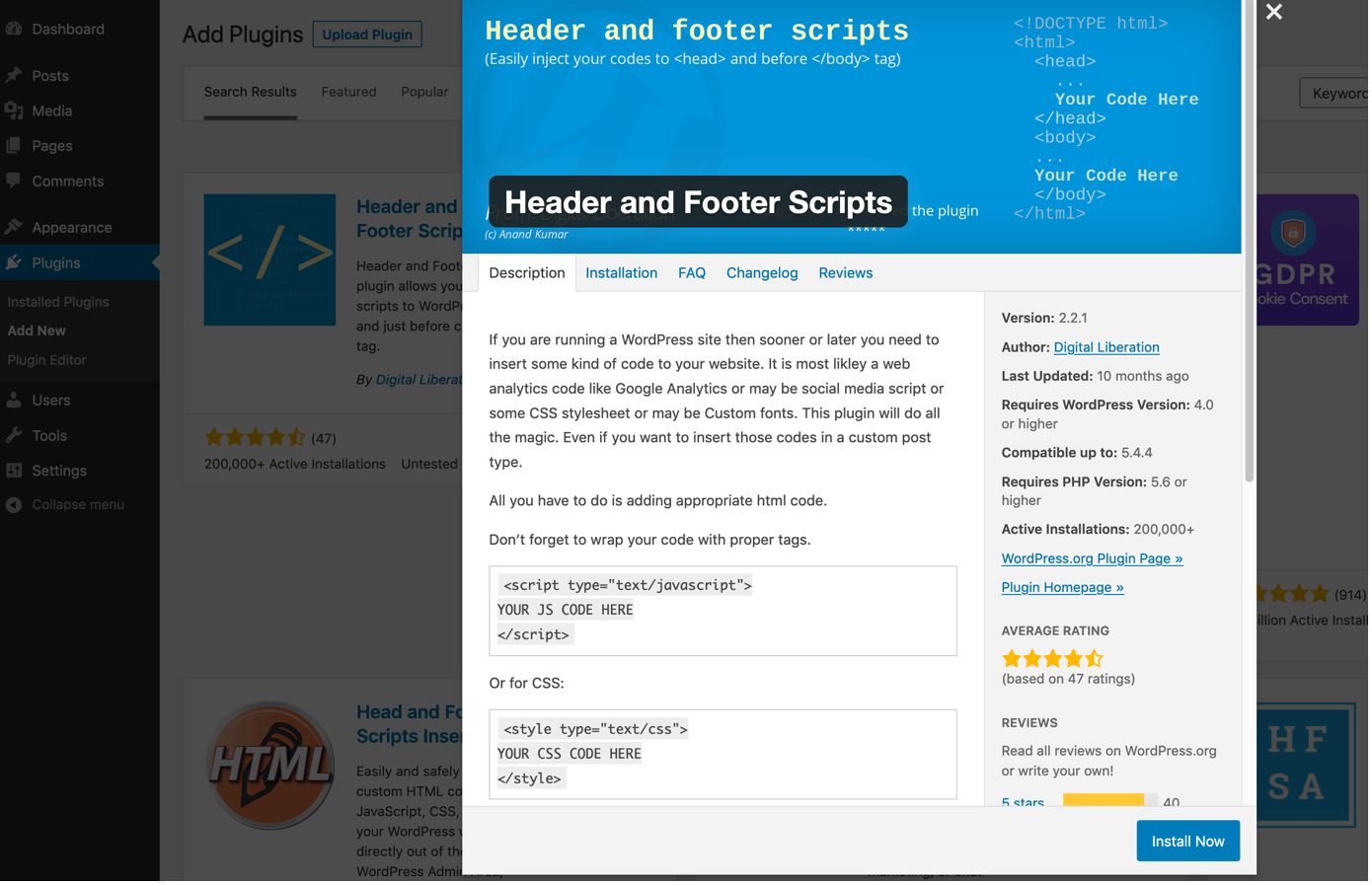 Installare il plugin “Header and Footer Scripts”
